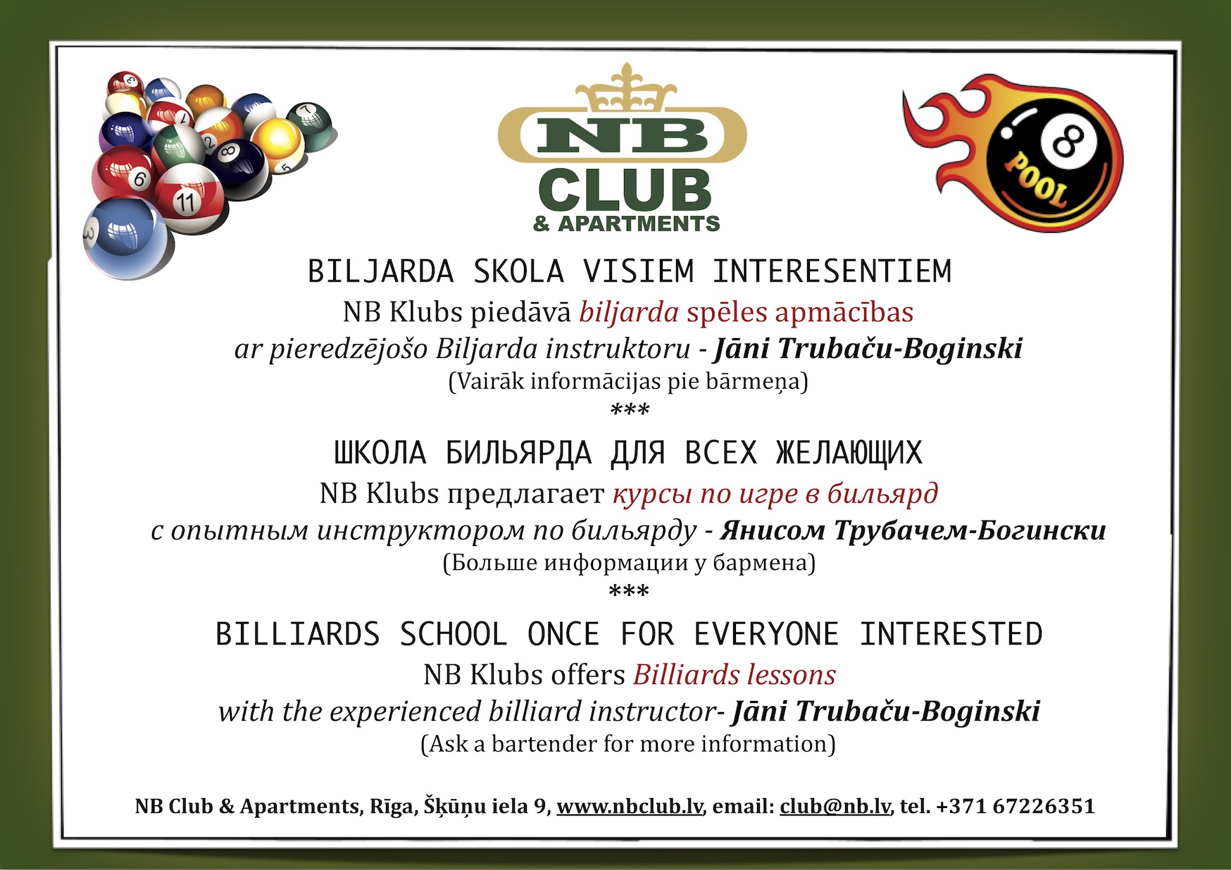 Billiard courses NB Club & Apartments